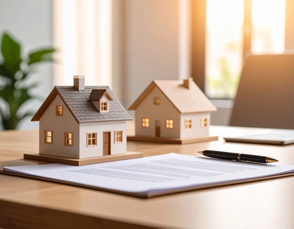 To små husmodeller på bord ved siden av dokumenter og penn.