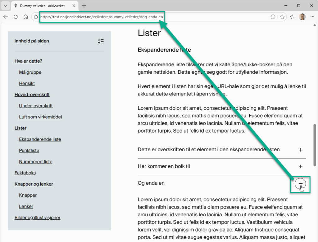 Illustrasjon av direktelenke til åpnet element i en ekspanderende liste.